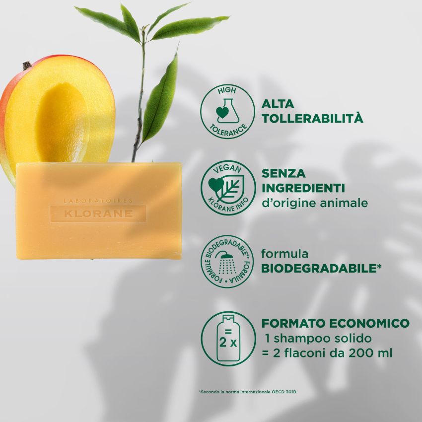 Klorane Shampoo Solido per Capelli Secchi al Mango, 80g
