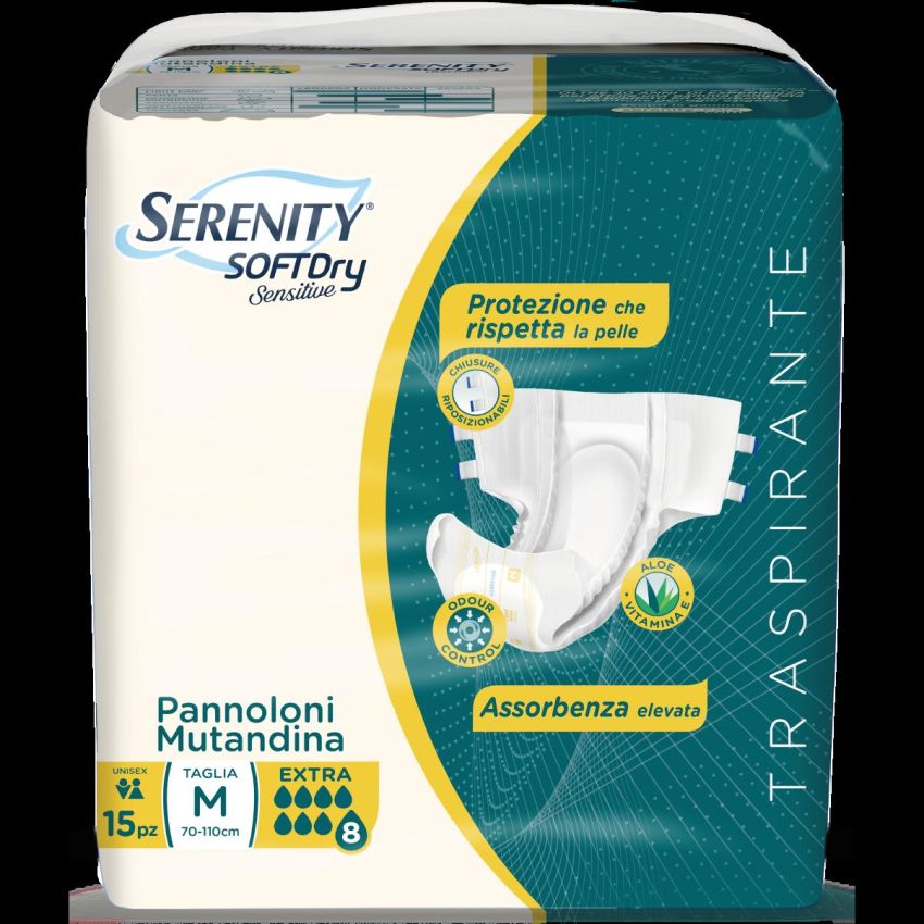 Serenity Soft Dry - Pannolino Mutandina Extra Sensibile, Taglia M, 15 Pezzi