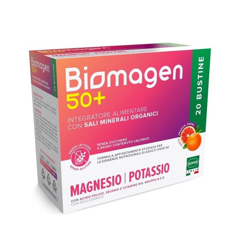Biomagen 50+ Bustine di Magnesio e Potassio Senza Zucchero - Confezione da 20