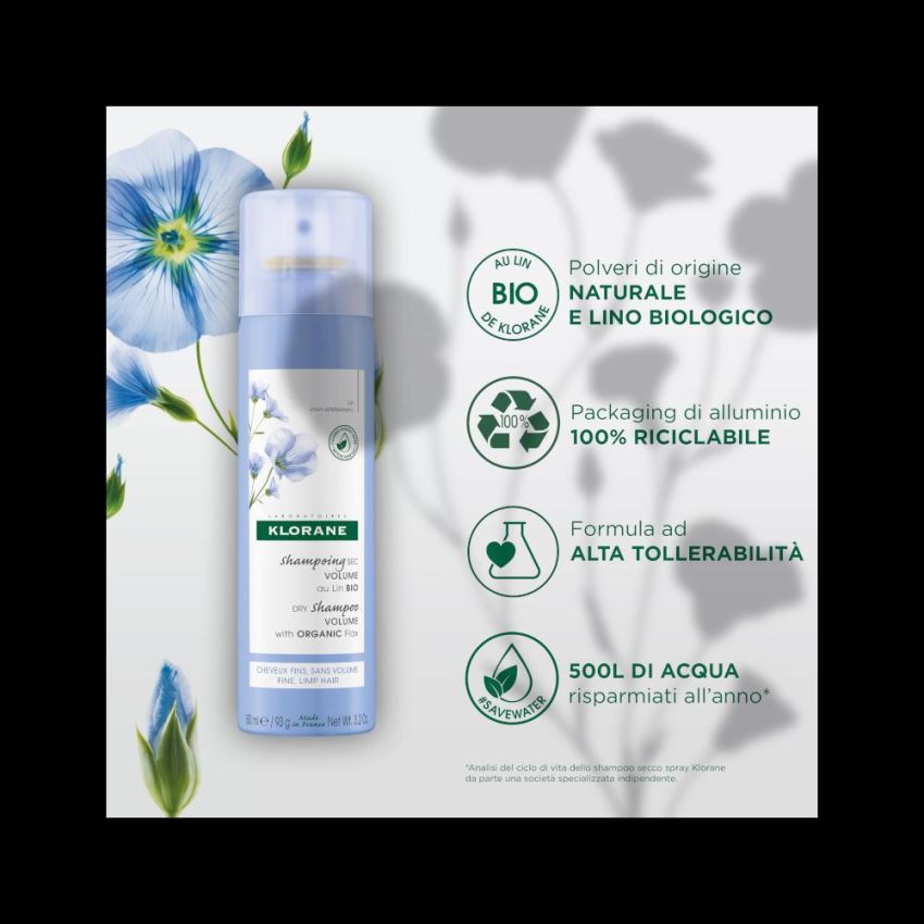 Klorane Shampoo Secco Biologico con Lino per Volume Extra, 150ml