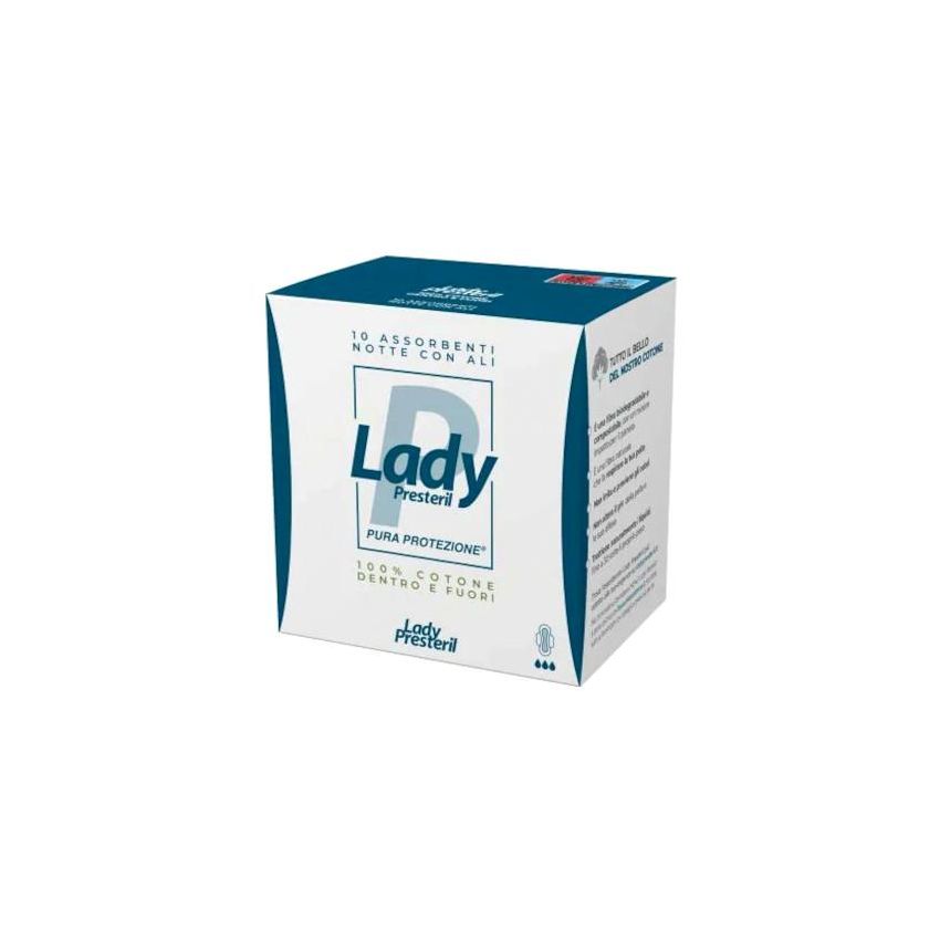 Presteril Lady - Pacco da 10 Assorbenti Notturni in Cotone con Ali Pieghevoli