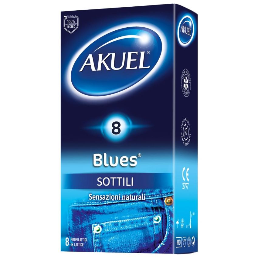 Akuel Blues Profilattici Sottili - Confezione da 8 Pezzi