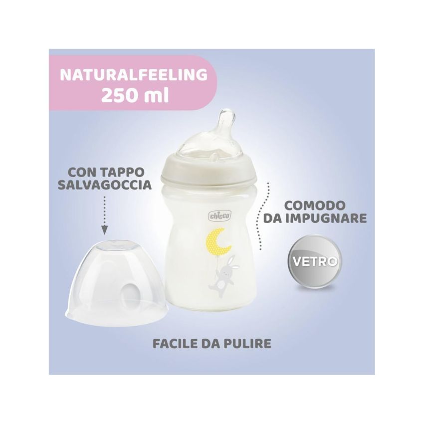 Biberon Natural Feeling in Vetro da Chicco, Flusso Lento, 250ml