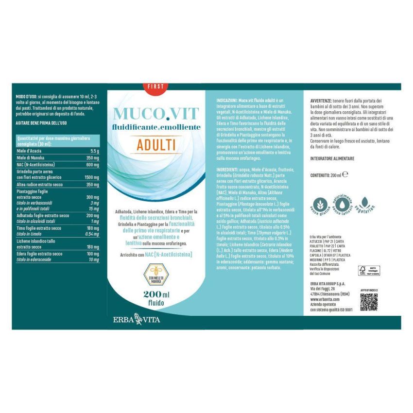 Erba Vita Mucovit - Sciroppo Fluidificante per Adulti, 200ml