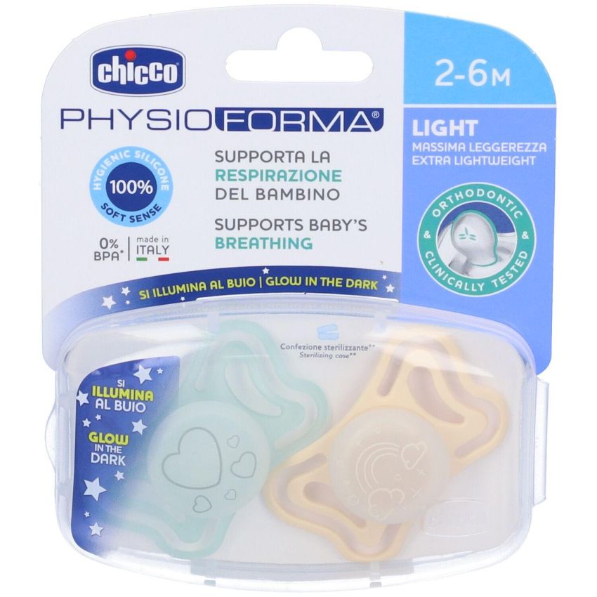 Chicco Light Lumi Silicone Succhietto per Neonati da 2-6 Mesi, Pacco da 2