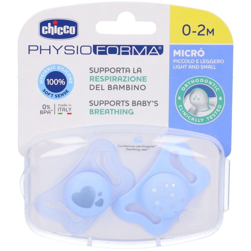 Chicco Succhietto Micro in Silicone Azzurro, 0-2 Mesi, Pacco da 2