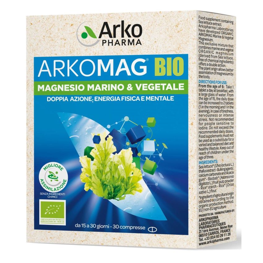 Arkomag Bio - Compresse Vegetali di Magnesio Marino Biologico - 30 compresse
