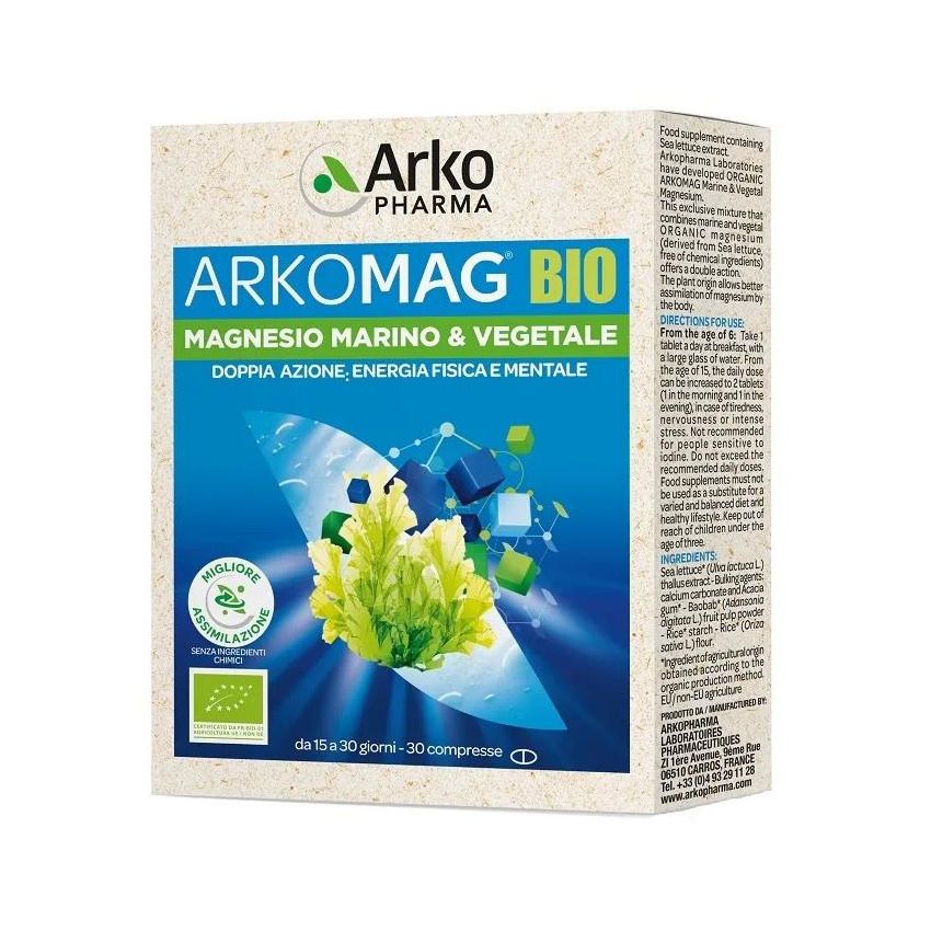 Arkomag Bio - Compresse Vegetali di Magnesio Marino Biologico - 30 compresse