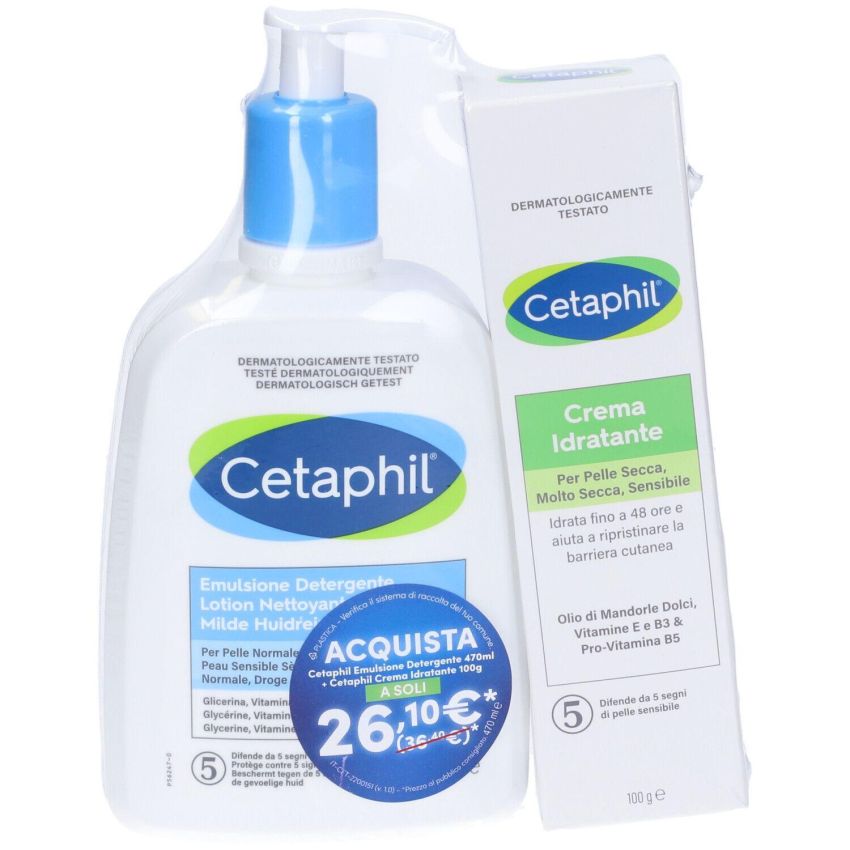 Kit per la Cura della Pelle Cetaphil: Emulsione Detergente 470ml + Crema Idratante 100ml