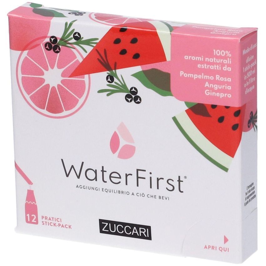 Zuccari WaterFirst - Stick Multisapori Pompelmo Rosa, Anguria e Ginepro - Pack da 12