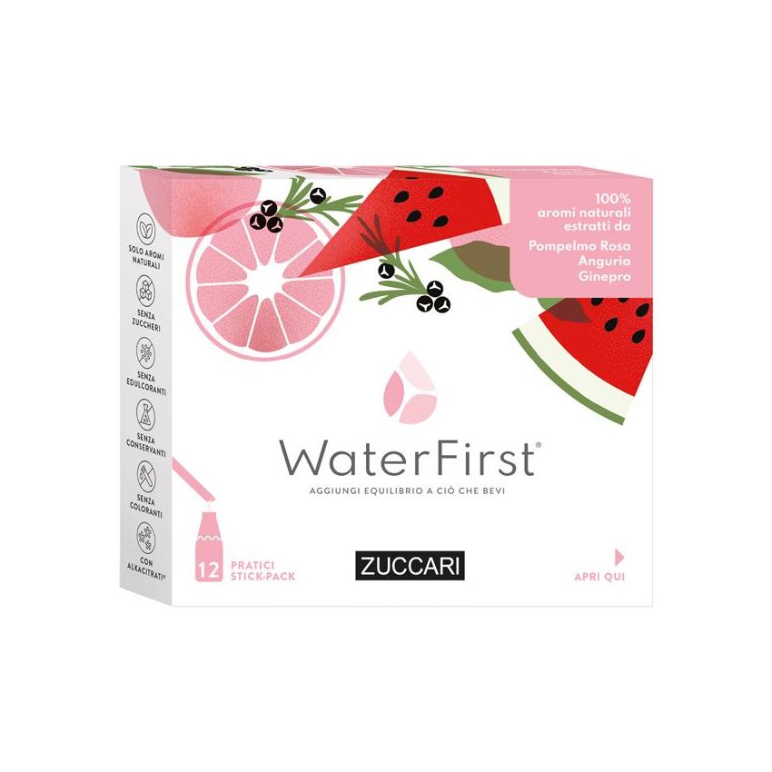 Zuccari WaterFirst - Stick Multisapori Pompelmo Rosa, Anguria e Ginepro - Pack da 12