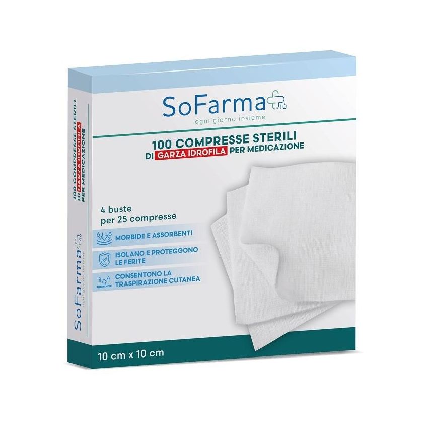 Sofarmapi Compresse Sterili di Garza Idrofila 10x10cm - Pacco da 100 Pezzi