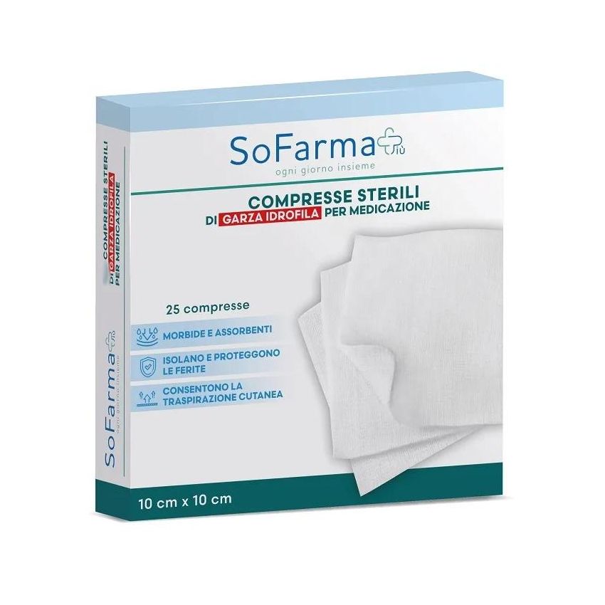 Sofarmapi Garza Idrofila Sterile in Compresse 10x10cm, Confezione da 25
